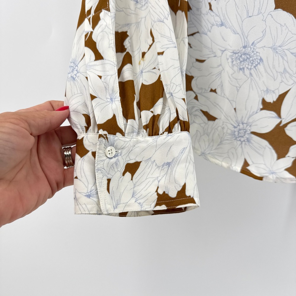 Vince‎ Floral Band Collar Button Front Blouse Brown White Long Sleeve Medium M - Picture 3 of 11